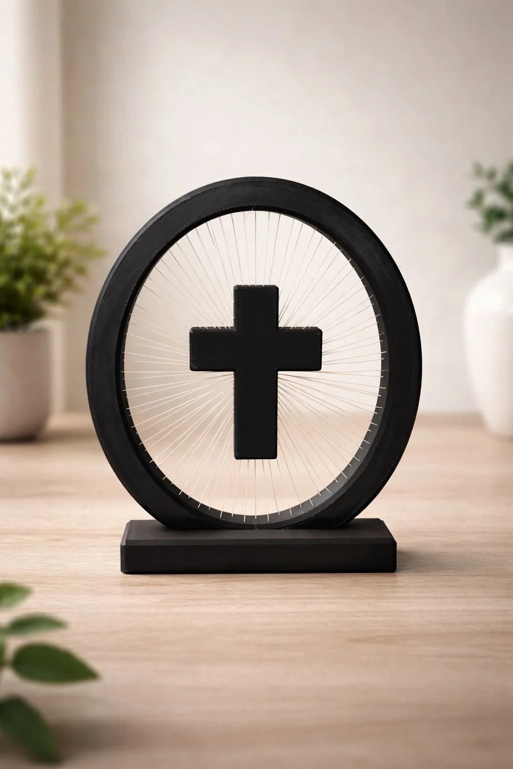 Cruz aura em ambiente decorado com plantas e vaso, vista frontal