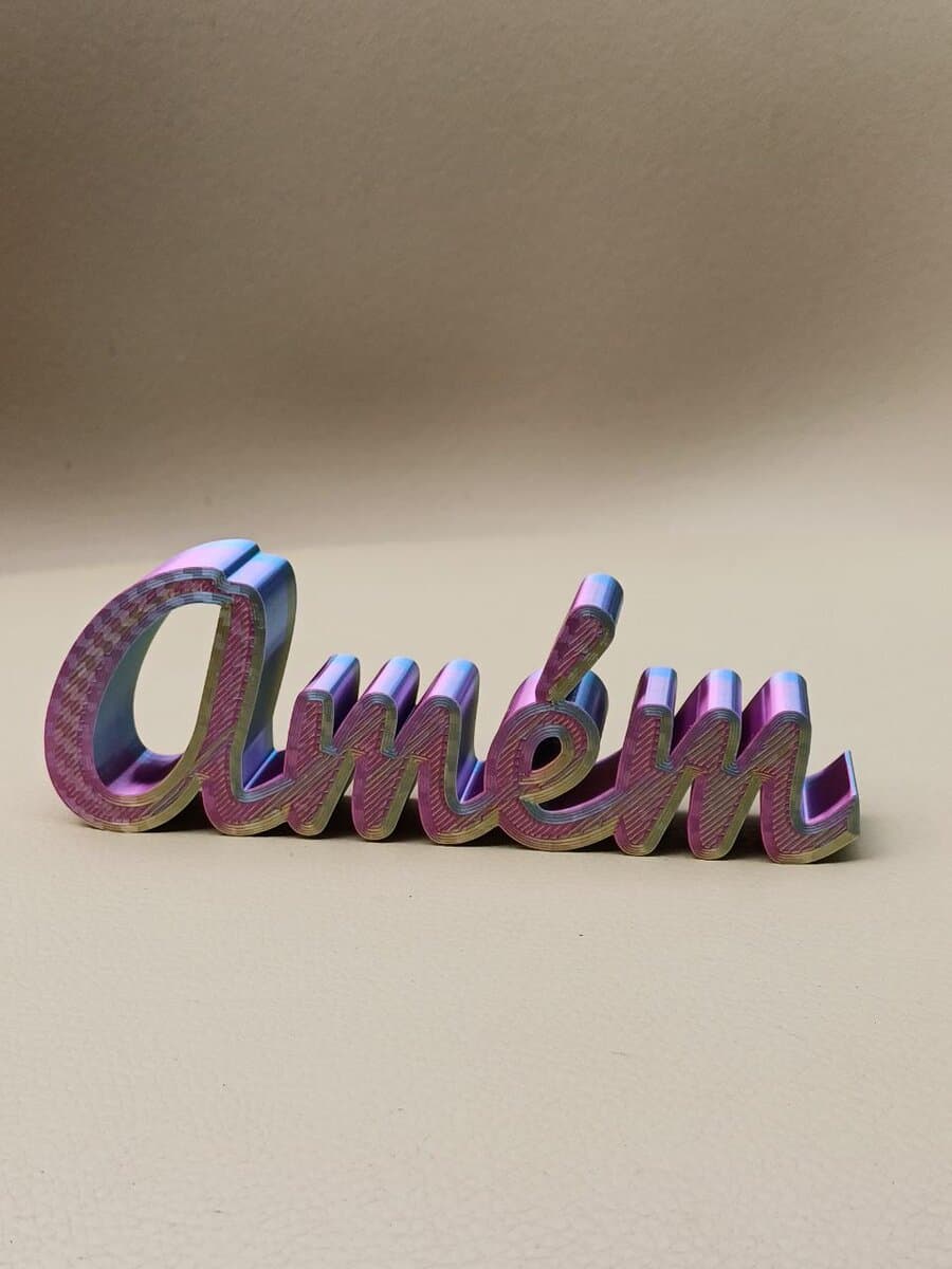 Palavra Amém em filamento seda iridescente roxo e azul