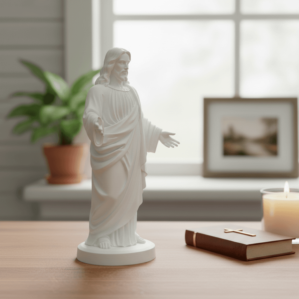 Estátua Jesus Cristo vista frontal mostrando detalhes da túnica e expressão facial