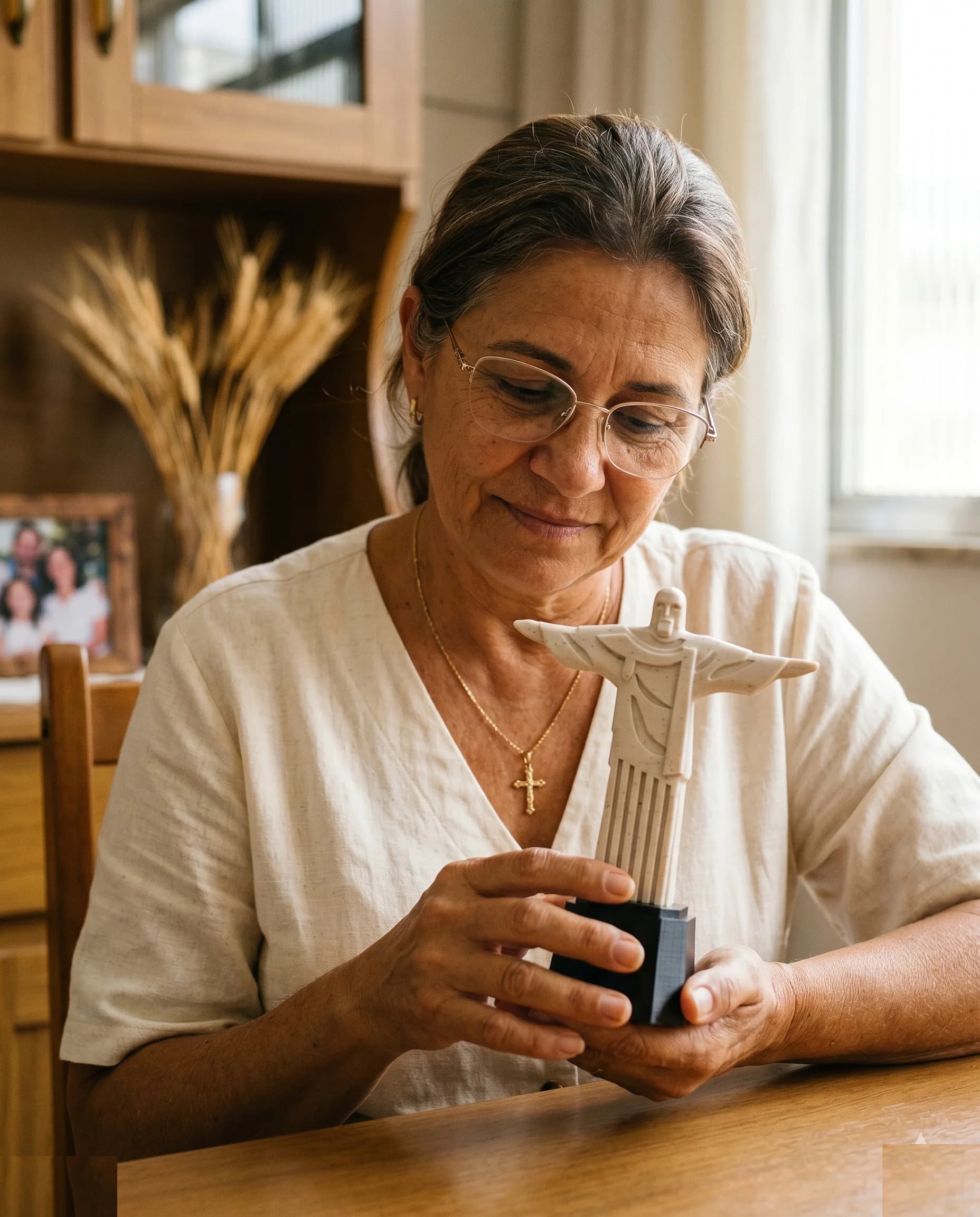 Sandra Cristina com peça da Leo Artefatos