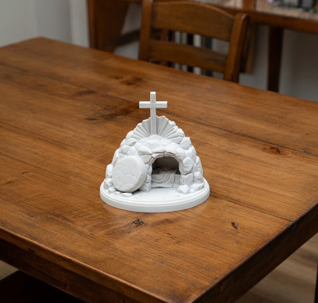 Cena túmulo vazio vista frontal mostrando cruz e pedra rolada